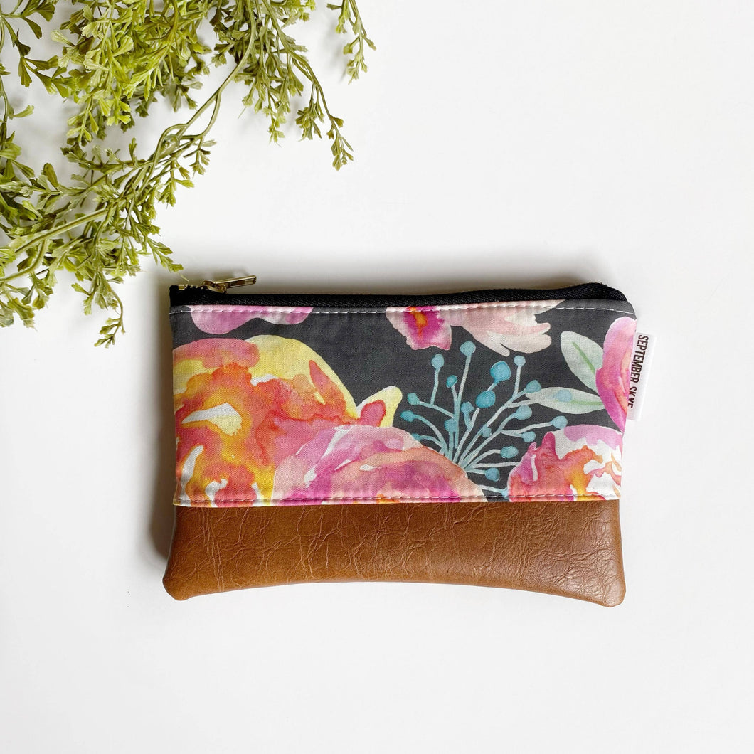 Coin purse in gray indy bloom watercolor floral