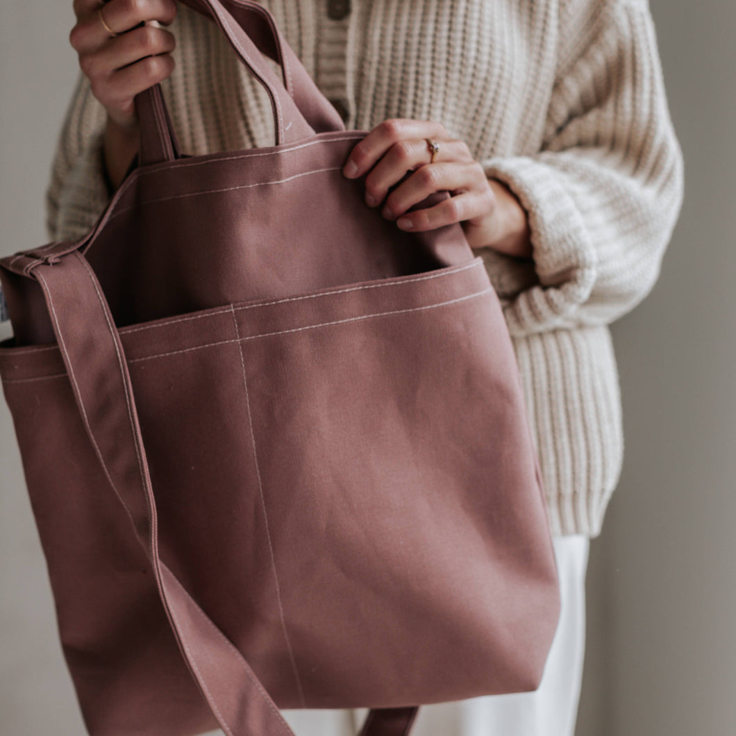Double Pocket Canvas Tote Bag - Dusty Rose