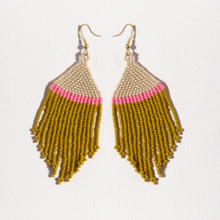 Load image into Gallery viewer, Citron, Pink, Ivory Fringe Seed Bead Earrings

