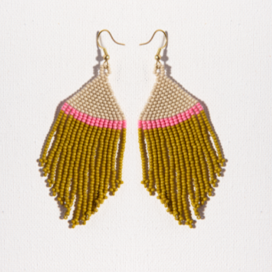 Citron, Pink, Ivory Fringe Seed Bead Earrings