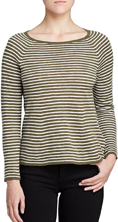 Eileen Fisher Olive Green Striped Bateau Neck Top- L