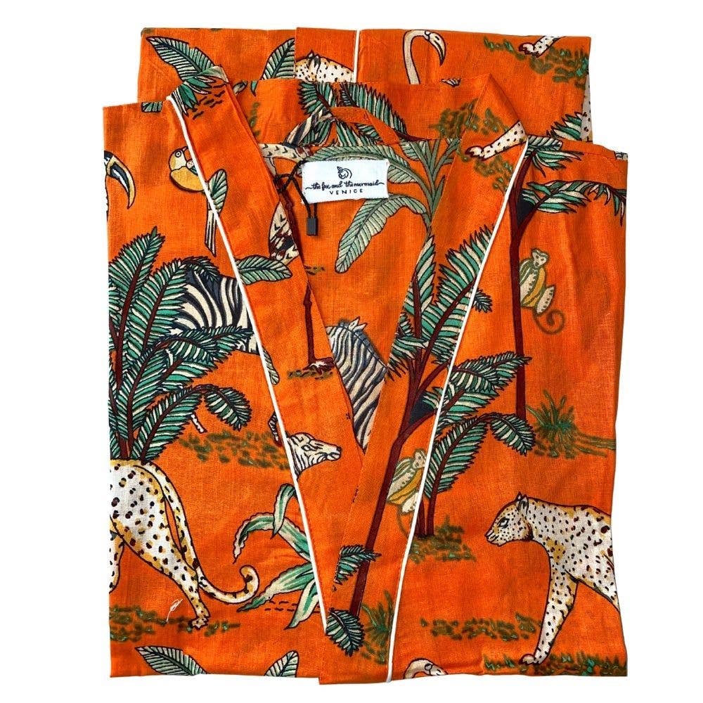 Orange Jungle Print Long Cotton Robe