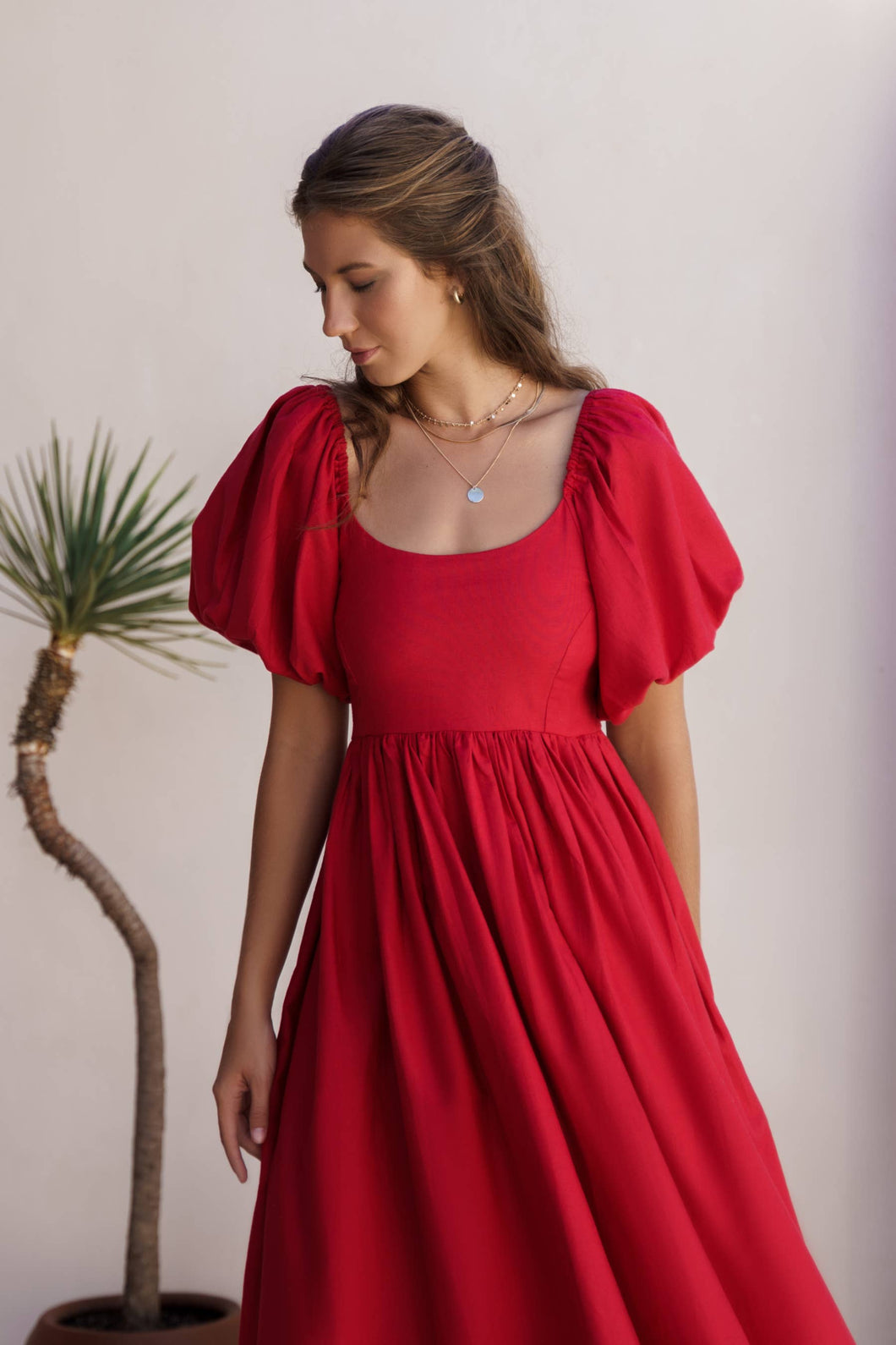Cherie Puff Sleeve Midi - Red