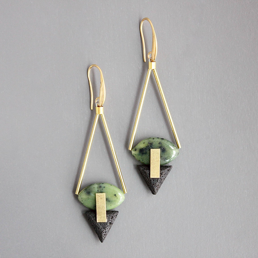 Geometric Green and Lava Stone Earrings