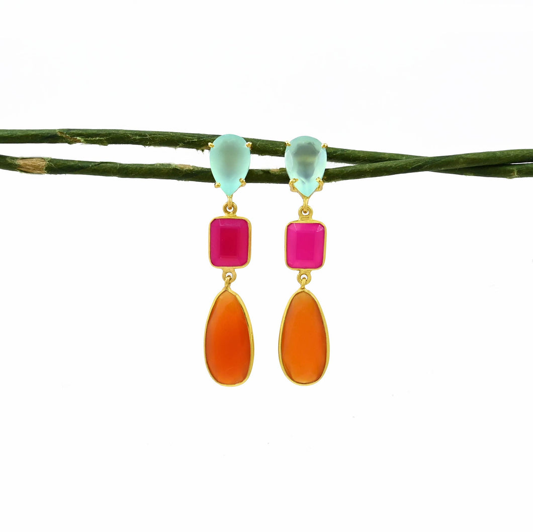 Aqua, Pink, & Carnelian Faceted Drop Earrings