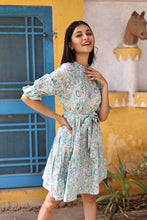 Load image into Gallery viewer, Block Printed Puff Sleeve Dress - Mint
