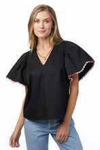 Load image into Gallery viewer, Flutter Scallop Sleeve Black V-Neck Top
