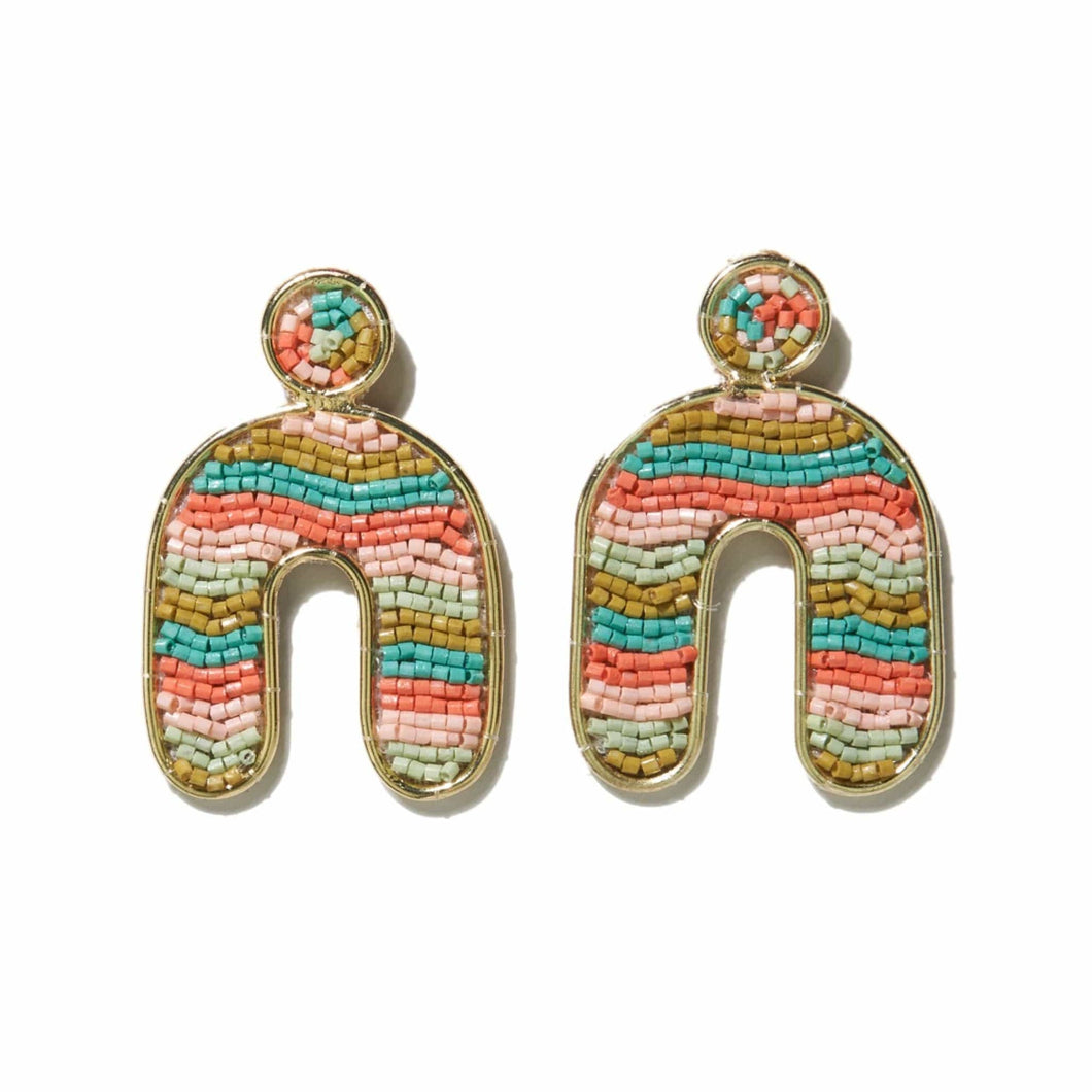 Striped Beaded Arch Earrings - Turquoise & Coral