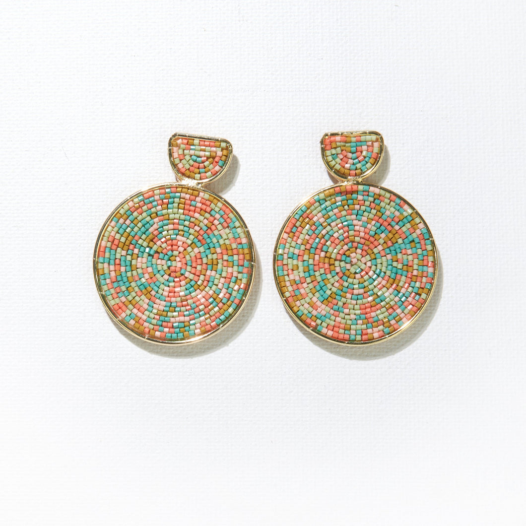 Framed Beaded Disc Earrings - Coral & Turquoise