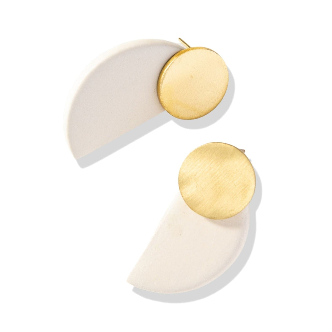 Ivory and Brass Half Moon Post Earrings