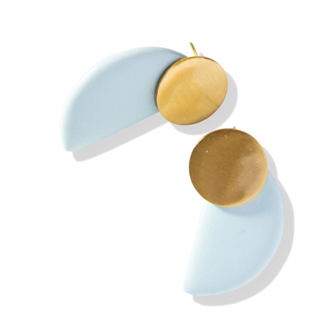 Light Blue and Brass Half Moon Post Earrings