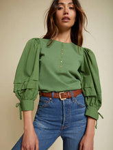 Load image into Gallery viewer, Dixie Poplin Sleeve Henley - Green
