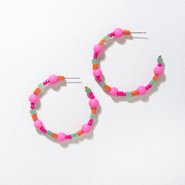 Pink & Green Beaded Hoops