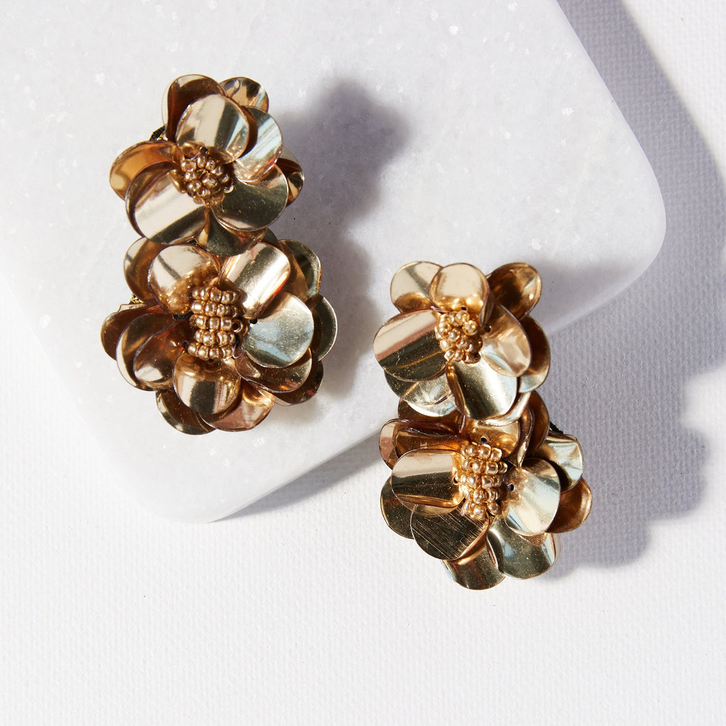 Gold Double Flower Sequin Earrings