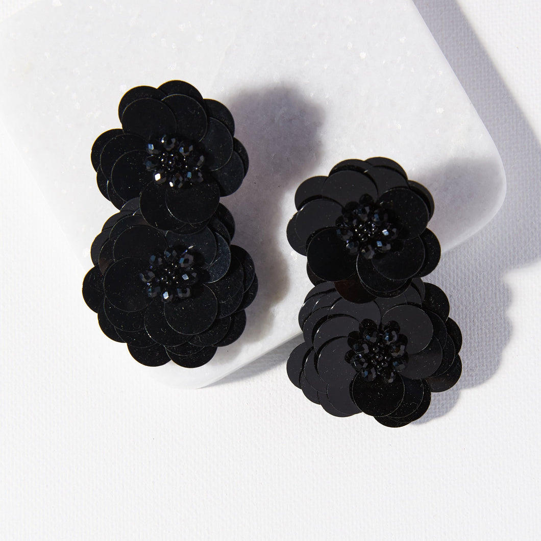 Black Double Flower Sequin Earrings