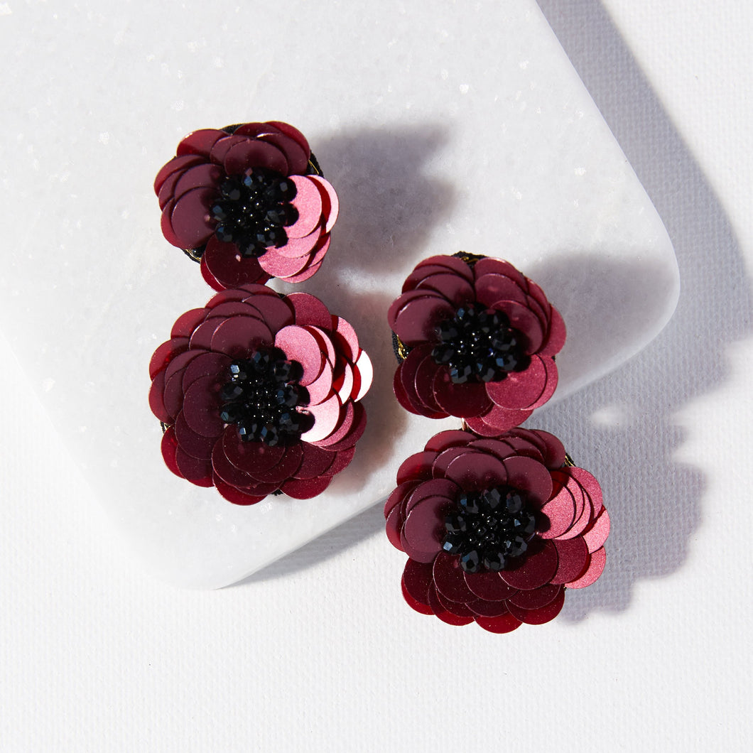 Burgandy Double Flower Sequin Earrings
