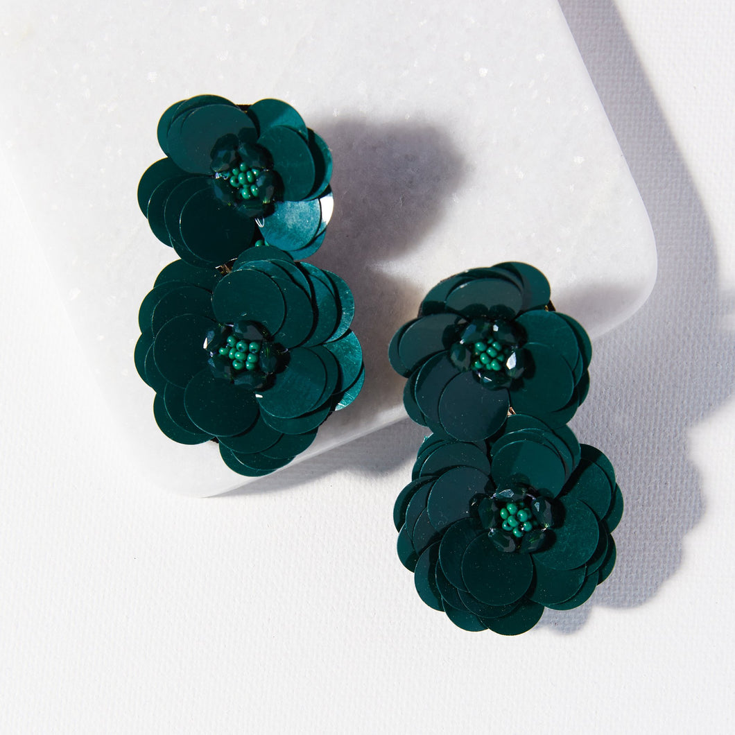 Emerald Green Double Flower Sequin Earrings