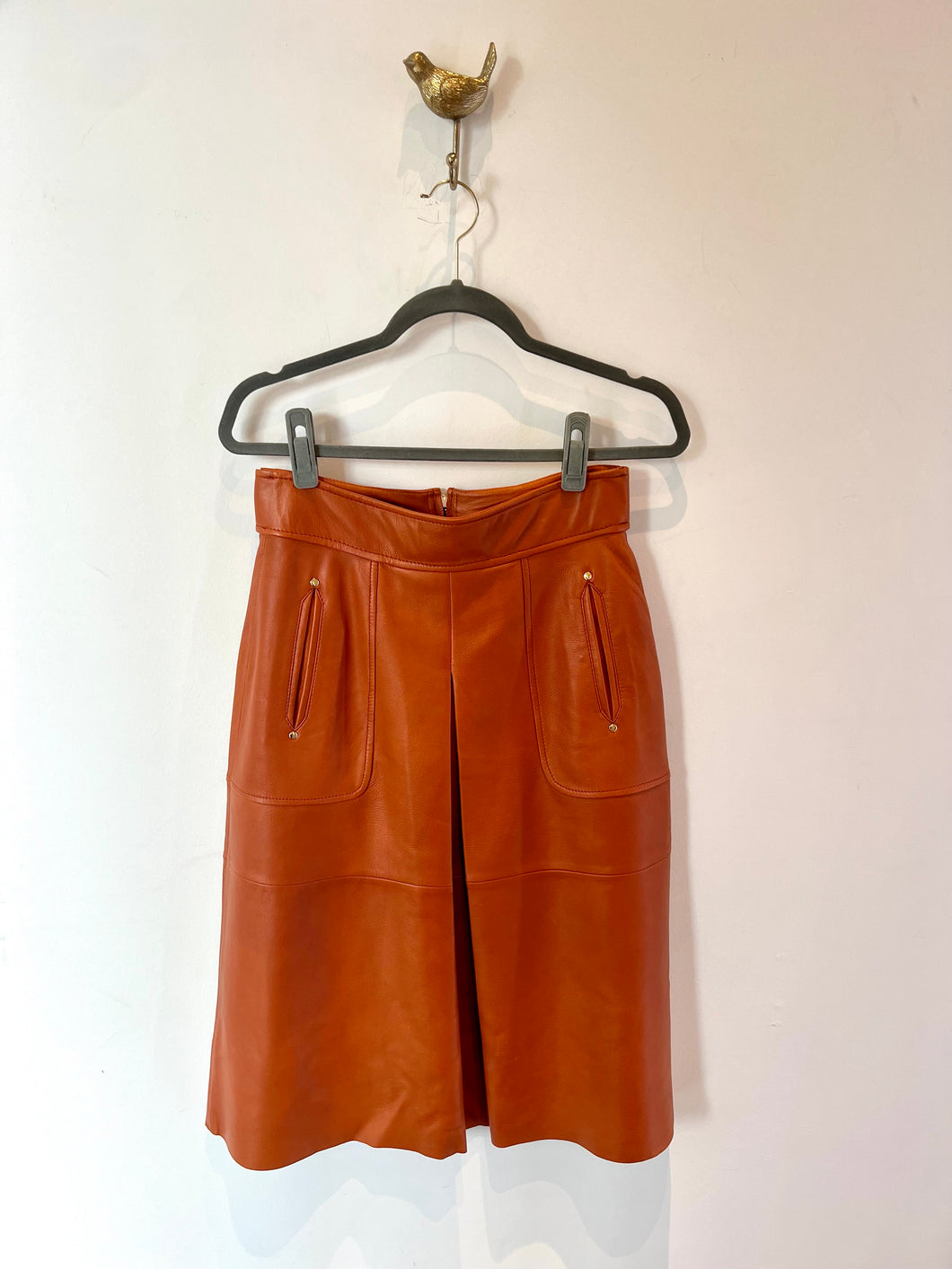 Faux Leather A-line Midi Cognac Skirt - Small