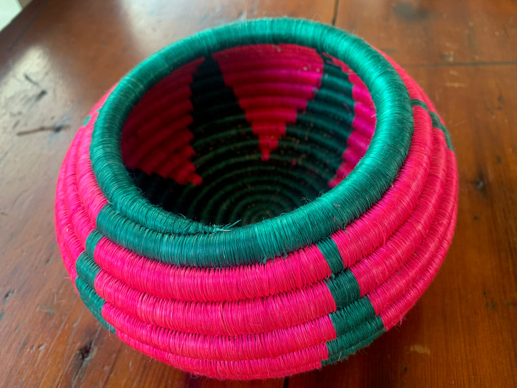 Medium Handwoven Coil Basket -Pink & Green