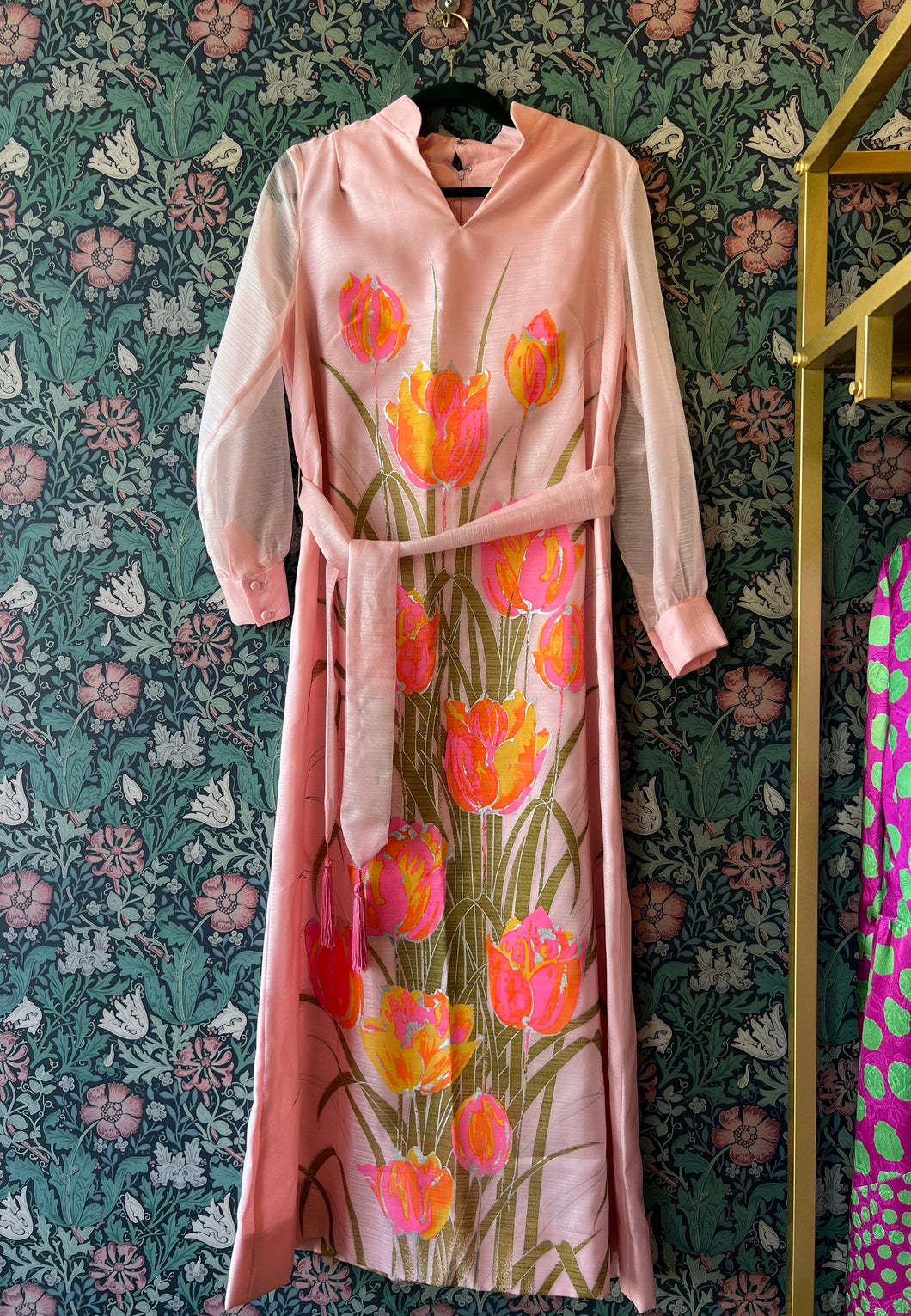Alfred Shaheen Pink Silkscreen Tulips Maxi Dress
