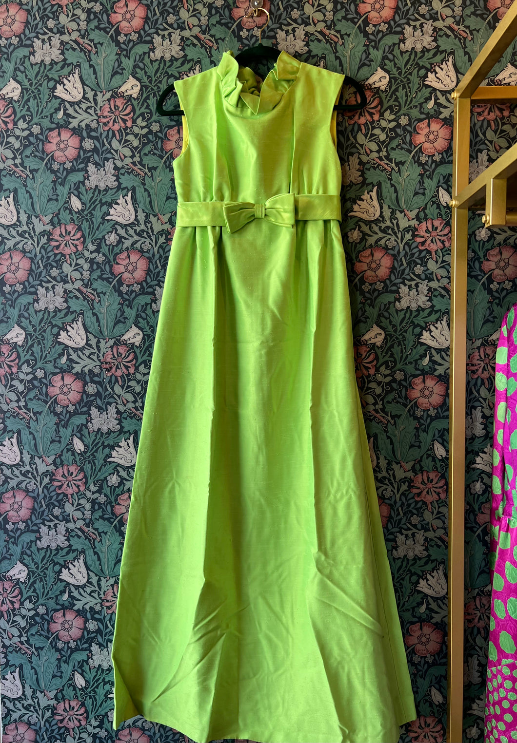 Vintage 1960s Emma Domb Lime Ruffle Bow Maxi Dress