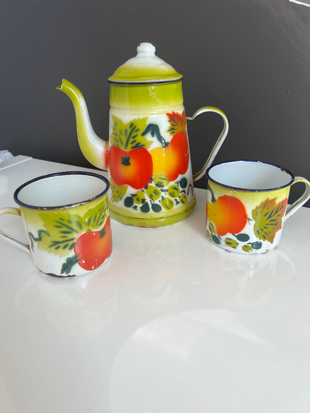 Enamel Ware Painted Coffee or Tea Pot with 2 Cups