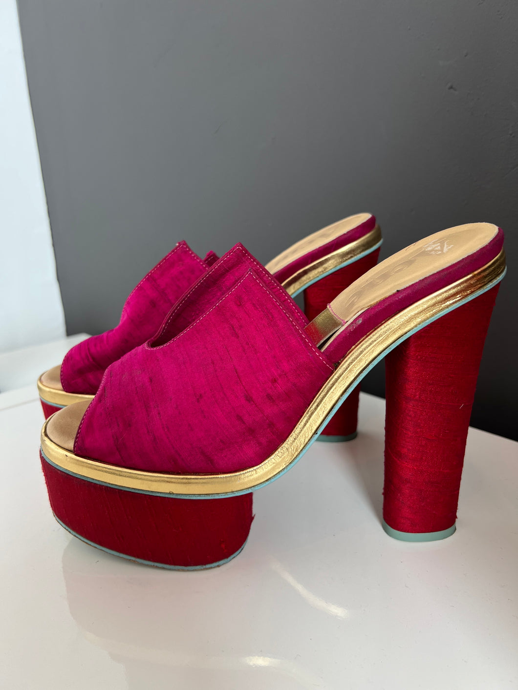 ACNE Silk Pink and Red Platform Heels - 38