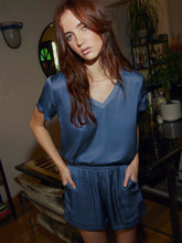 Load image into Gallery viewer, Dusty Blue Sateen Boxy V-Neck Tee
