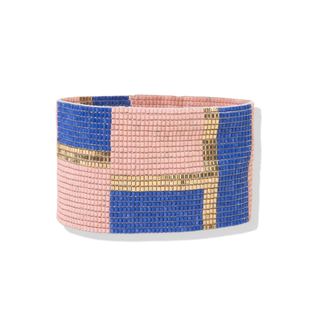 Color Block Blush, Blue, Gold Stretch Bead Bracelet