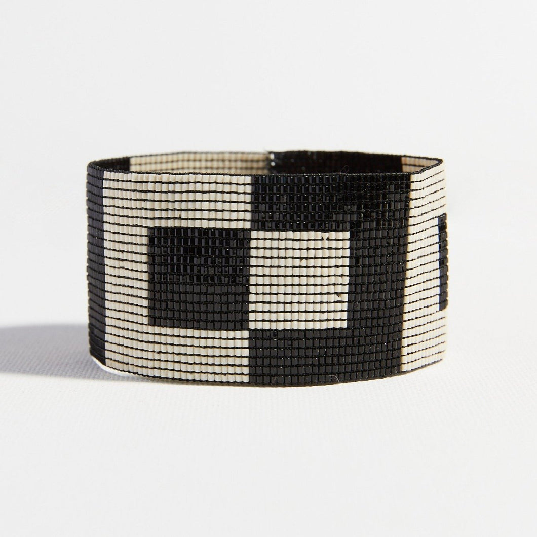 Black and Ivory Square Stretch Beaded Bracelet