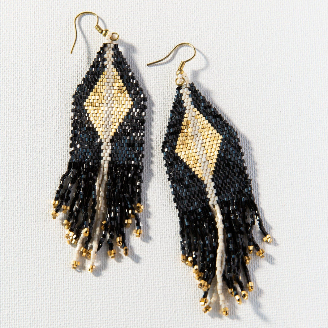 Black With Gold Luxe Diamond With Fringe Earrings