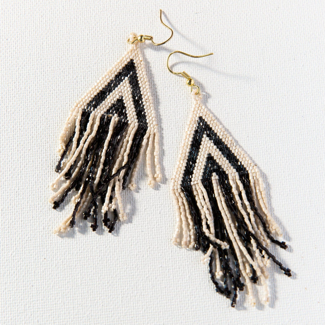 Black and Ivory Striped Beaded Fringe Earrings