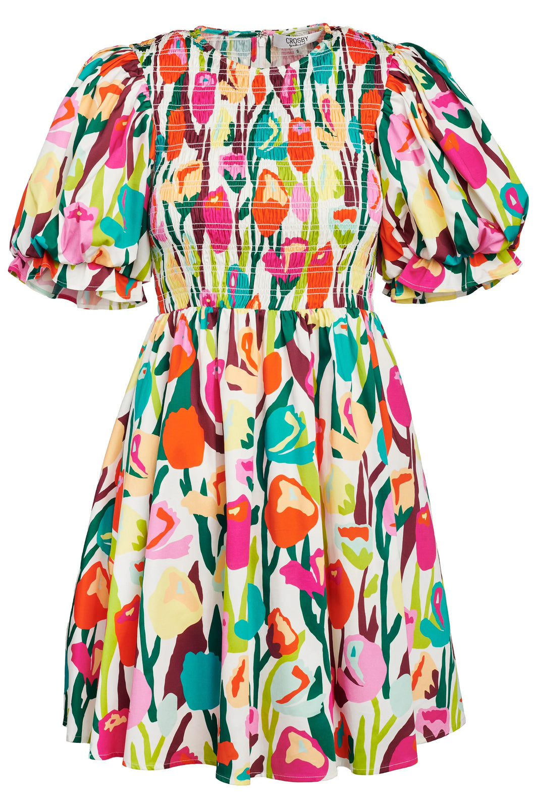 Lizzy Bright Tulips Puff Sleeve Smocked Dress