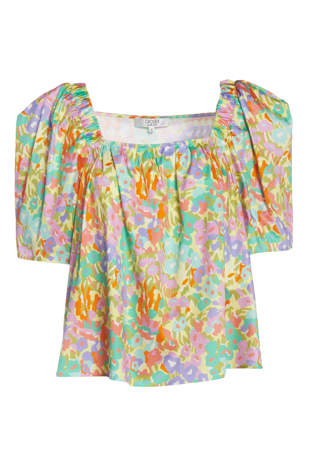 Square Neck Puff Sleeve Pastel Floral Top