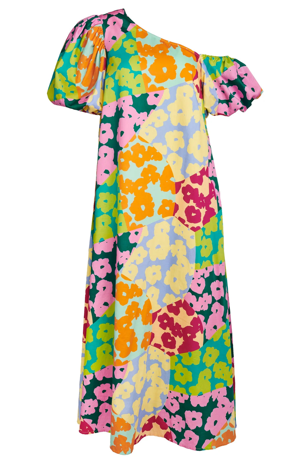 Bright Floral Patchwork Asymmetrical Neck Maxi Dress
