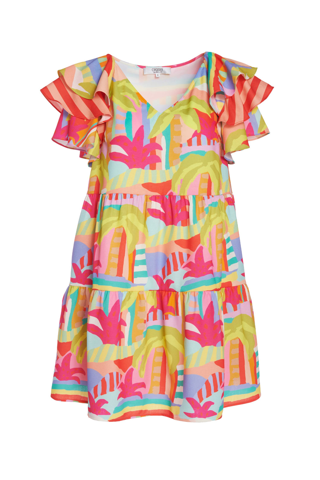 Tiered Tropical Ruffle Sleeve Dress