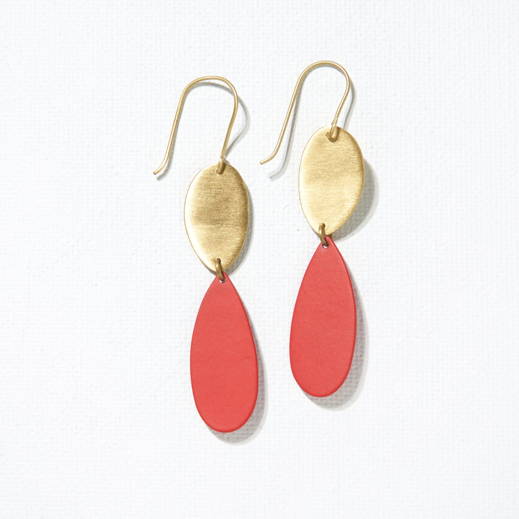 Red & Matte Brass Double Drop Dangle Earrings
