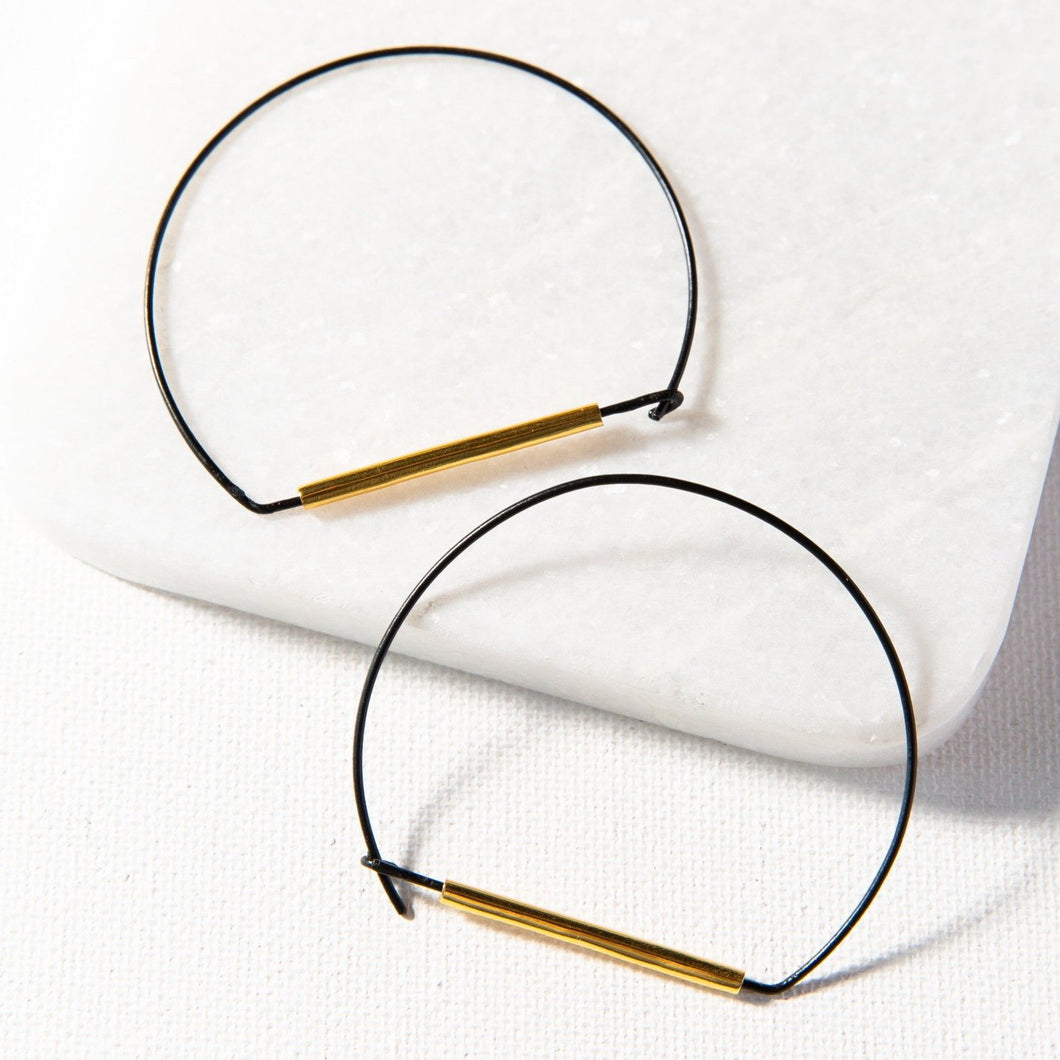 Black Wire Hoops with Brass Bar Earrings