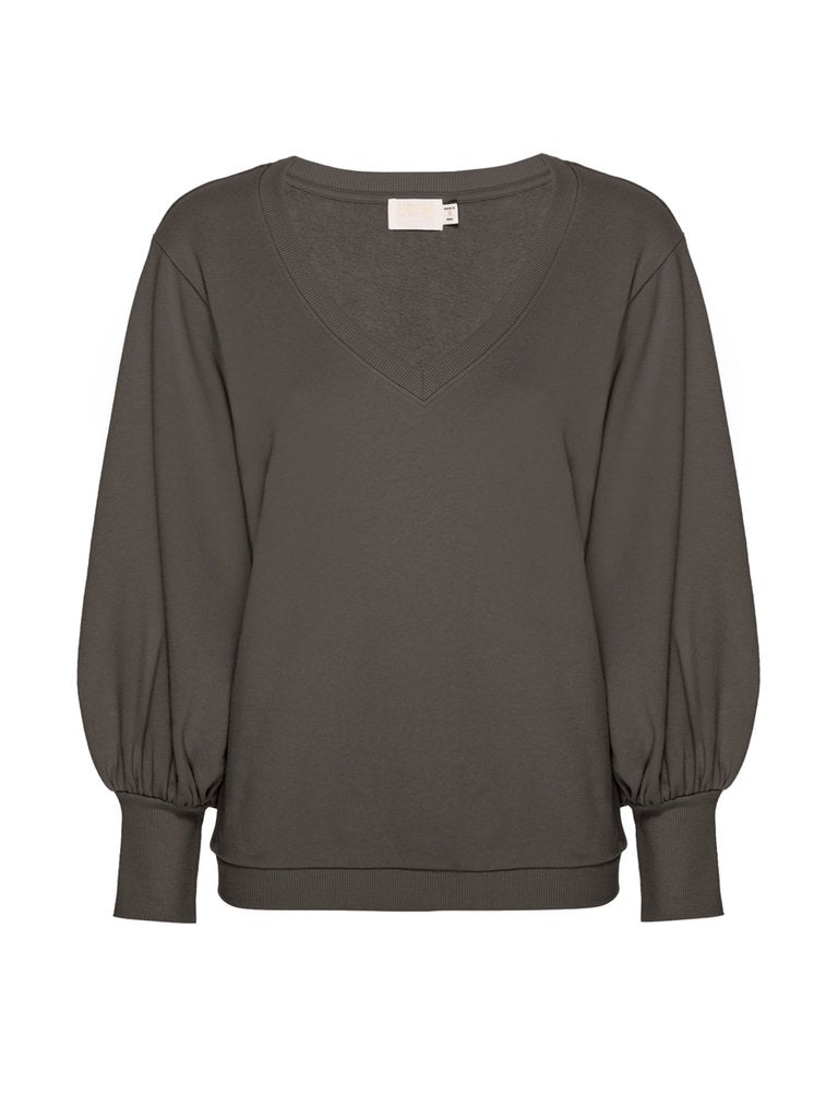 Grey V-Neck Puff Sleeve Sweatshirt