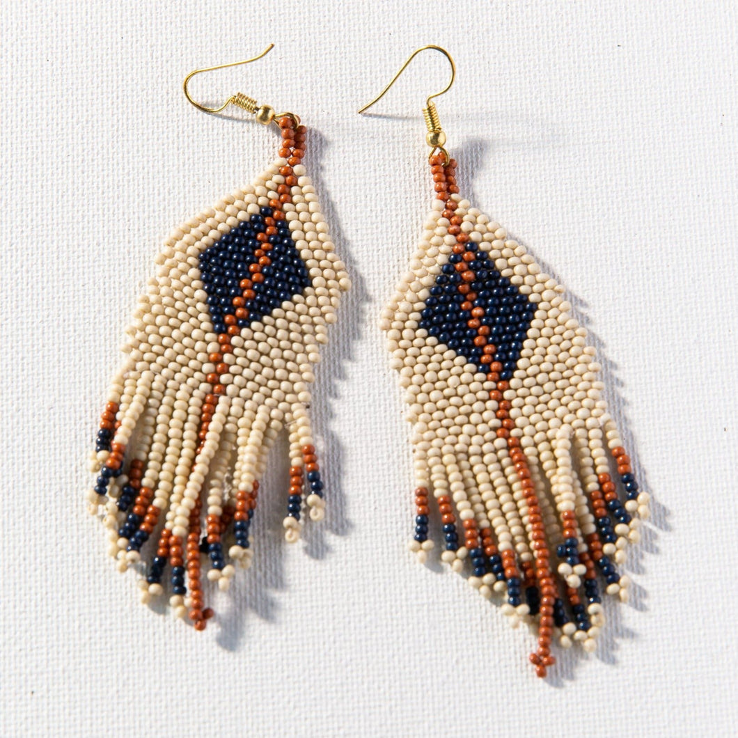 Ivory, Navy, Rust Fringe Seed Bead Earrings