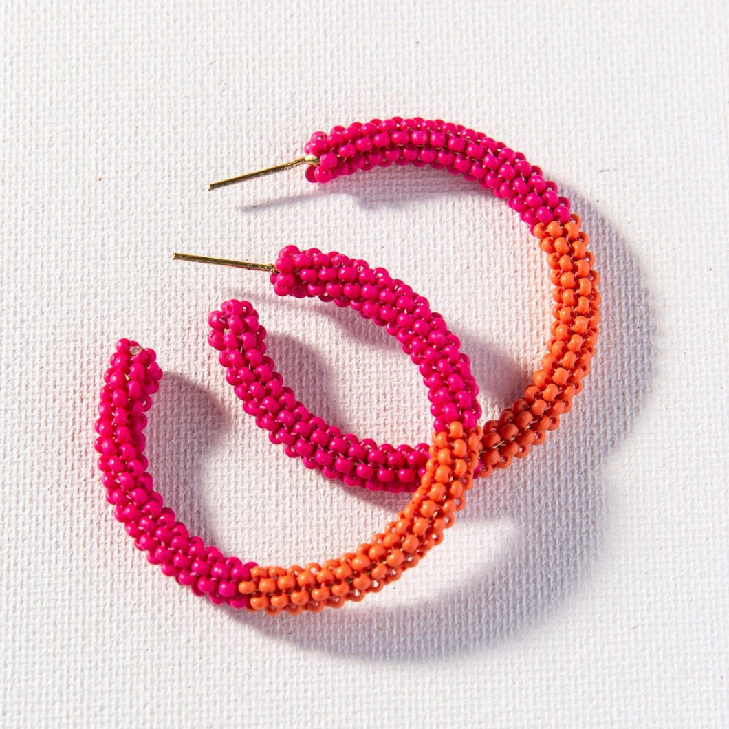 Pink and Orange Seed Bead Hoop Earrings