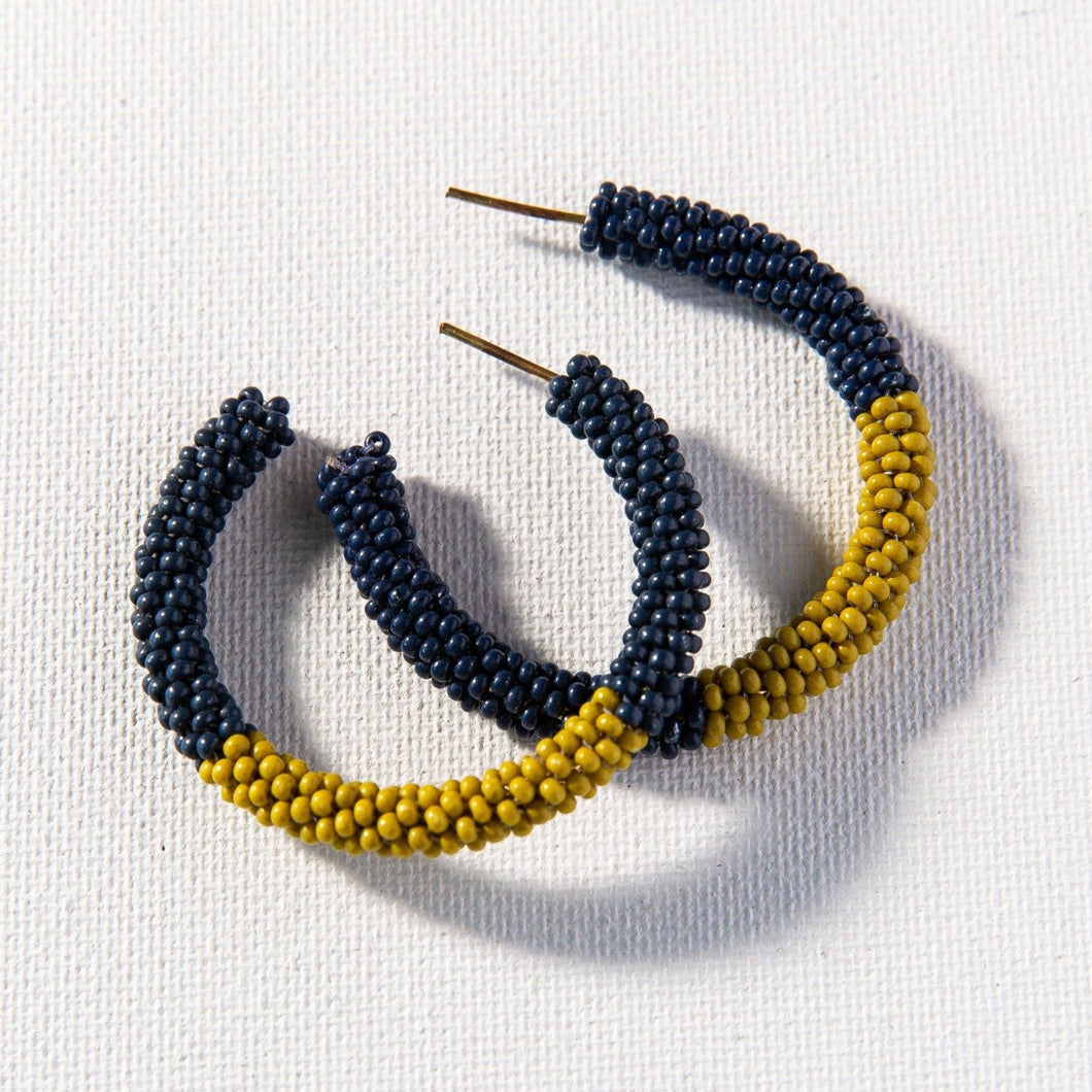 Navy and Dijon Small Hoop Seed Bead Hoop Earrings