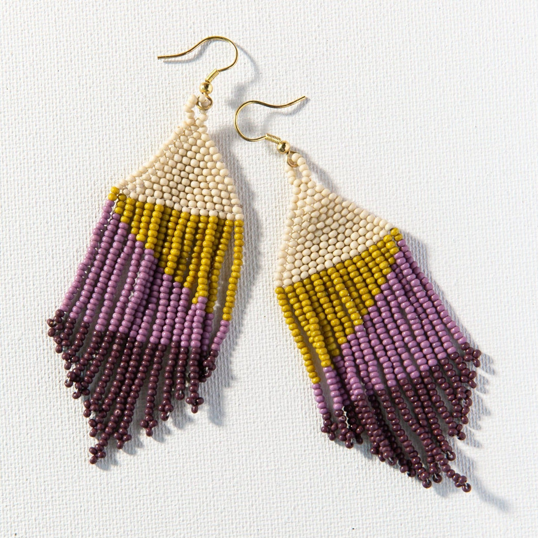 Ivory, Purple, Gold Fringe Seed Bead Earrings