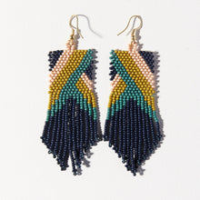 Load image into Gallery viewer, Navy Citron Teal Fringe Seed Bead Earrings
