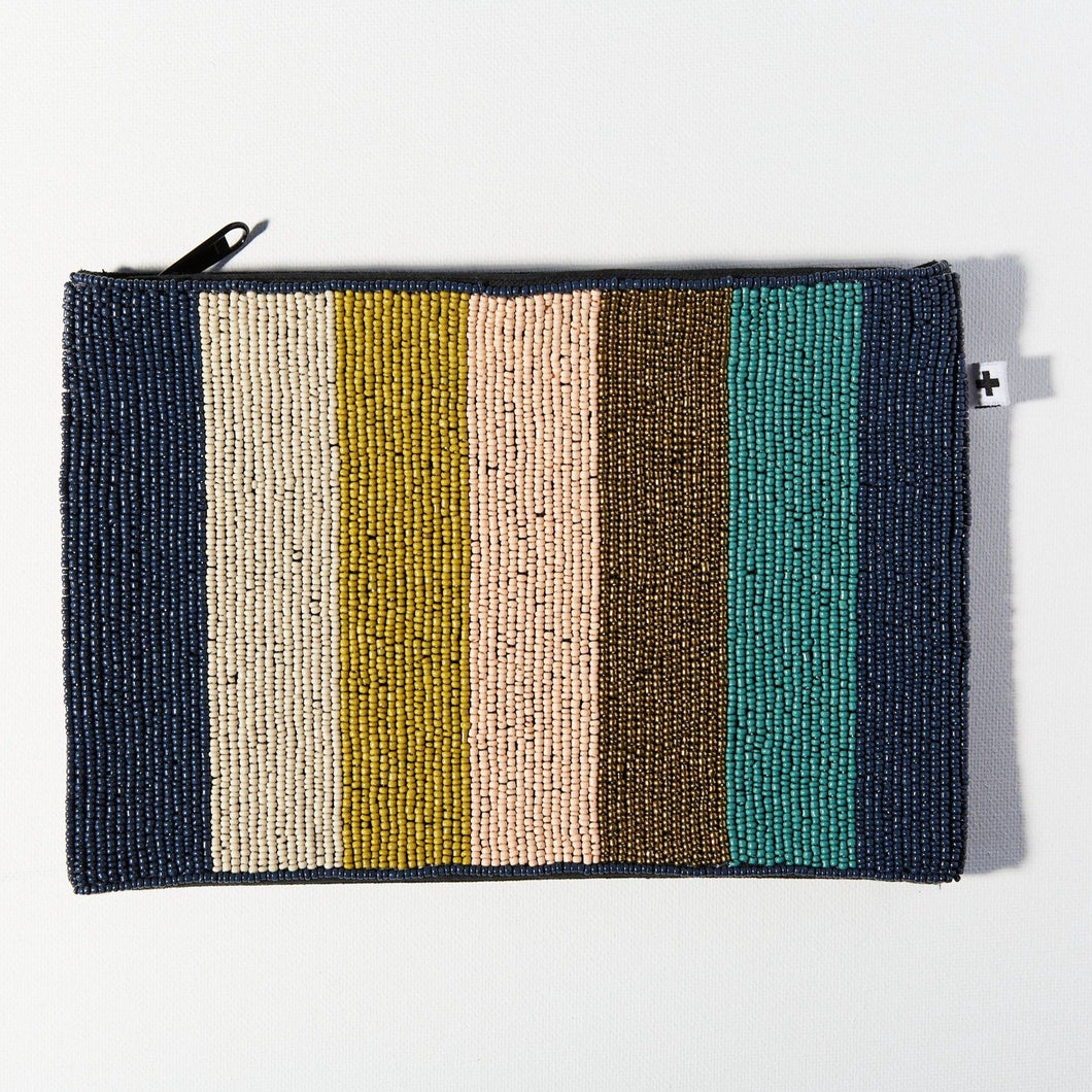 Teal, Navy, and Pink Thick-Striped Seed Bead Clutch