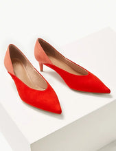 Load image into Gallery viewer, M&amp;S Red + Pink Color Block Kitten Heels- 8.5
