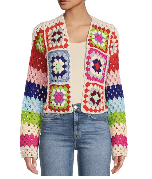 ELAN Rainbow Crochet Cropped Cardigan- L