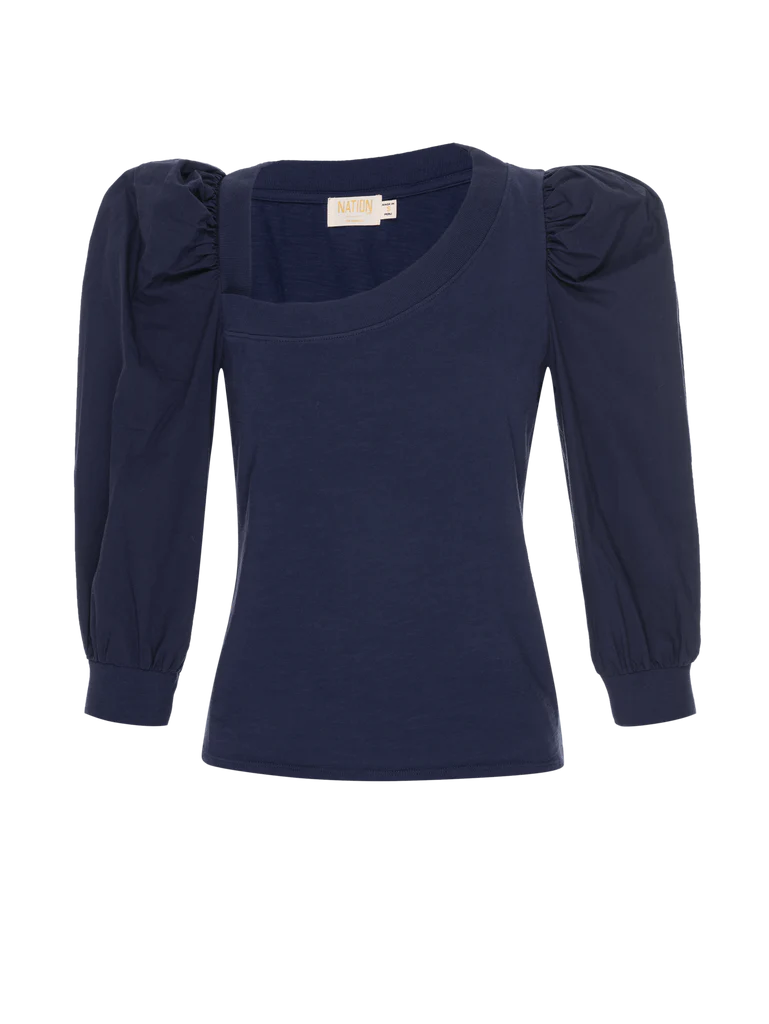 Tori Asymmetric Neck 3/4 Puff Sleeve Tee - Navy
