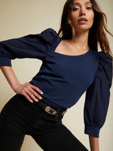 Load image into Gallery viewer, Tori Asymmetric Neck 3/4 Puff Sleeve Tee - Navy
