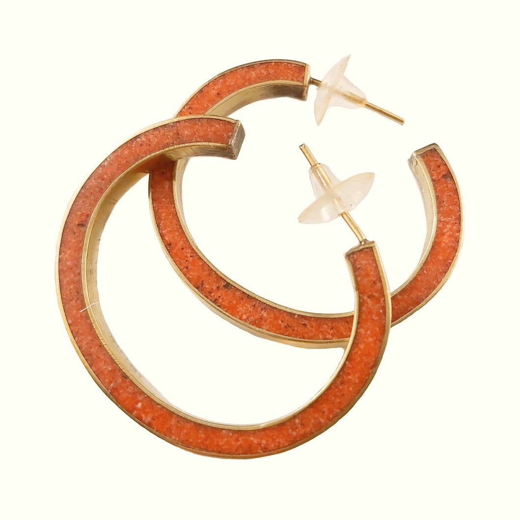 Bold Hoop Inlay Coral and Brass Earrings